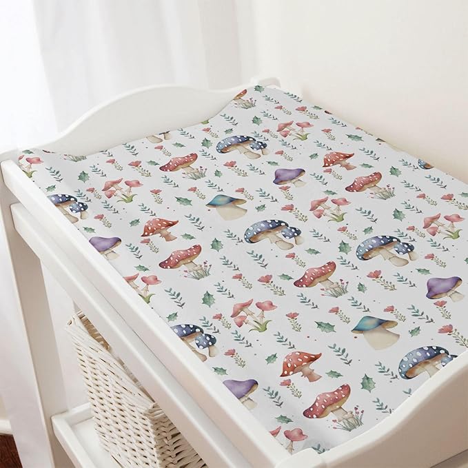 Watercolor Mushroom Forest Changing Pad Covers Colorful Mushroom Floral Leaves Baby Diaper Change Table Sheets for Boy Girl Fantasy Soft Breathable Stretch Changing Pad Table Mats 32''x16''