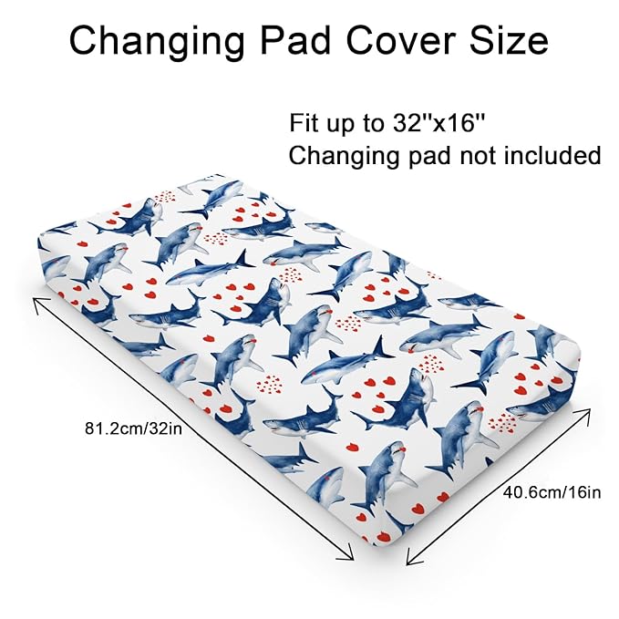 Sea Shark Hearts Changing Pad Cover Marine Ocean Animal Shark Love Baby Change Table Pad Cover for Boys Girls Soft Stretchy Fitted Diaper Changing Mat Sheets 32''x16''