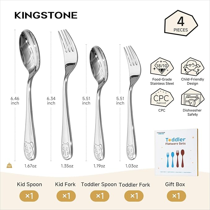 KINGSTONE Toddler Utensils Gift Set, 4-Piece Forks & Spoons, Small & Large, 18/10 Stainless Steel, Cat & Dog Print, Ergonomic Flatware for Toddlers & Kids, Self-Feeding, Children Shower Gift