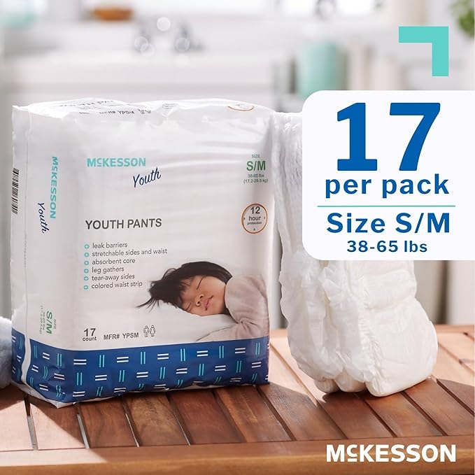 McKesson Youth Training Pants, Overnight Disposable Pull Up Diapers, Absorbent 12 Hour Leak Protection with Leg Gathers and Tear-Away Sides, for Boys or Girls (White, 1198054CSdisc, 68, Count)