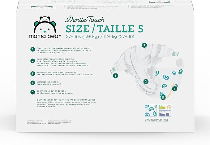 Amazon Brand - Mama Bear Gentle Touch Baby Diapers, Size 5, 27+ lb, Leak Protection, 12 Hours Protection, Wetness Indicator, Hypoallergenic, 132 Count (4 packs of 33)