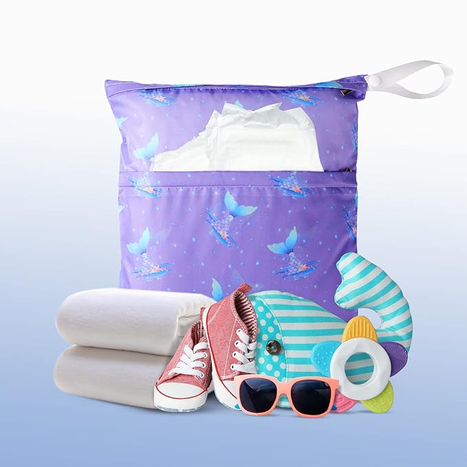 Frienda 4 Pieces Cloth Diaper Wet Dry Bag, Waterproof Reusable Washable Bag for Baby Items and Travel Zippered Pockets with Handle, Beach, Swimsuit, Dirty Gym Clothes and Toiletries(Mermaid)