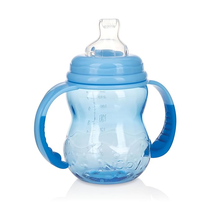 Nuby 3 in 1 Baby Bottle to Training Sippy Cup - 8 Oz Toddler Cups Spill Proof with Soft Spout, Nipple & Removable Grip Handles - Dishwasher Safe (Blue)