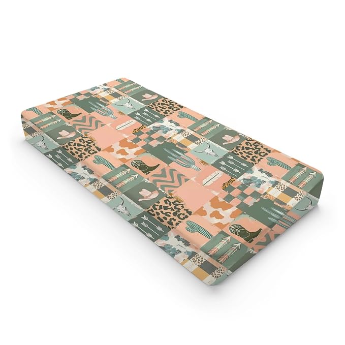 Western Cactus Cow Skulls Hats Patchwork Baby Changing Pad Cover, Unisex Western Nursery Diaper Changing Table Pad Mat Sheet for Boys Girls-16x32