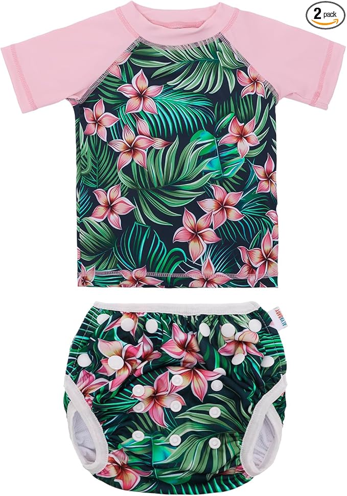 ALVABABY Baby Girl Swimsuit, 2-Piece Infant Toddler Bathing Short Sleeve Swimwear, Small Baby Reusable Swim Diaper with Matching Top