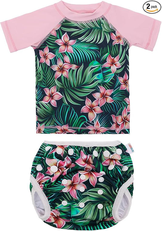 ALVABABY Baby Girl Swimsuit, 2-Piece Infant Toddler Bathing Short Sleeve Swimwear, Large Baby Reusable Swim Diaper with Matching Top