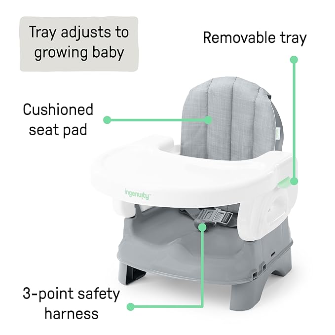 Ingenuity Deluxe Comfort Booster Seat for Kitchen Chair, Compact Fold, Portable, Lightweight, Toddler Booster Seat for Dining Table, from 6 Months to 3 Years – Grey