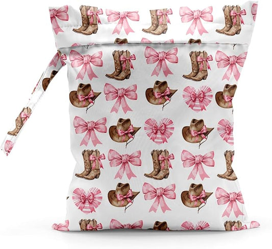 Waterproof Cloth Diaper Wet Dry Bag Reusable Travel Beach Pool Daycare Soiled Toddler Items Yoga Gym Bag for Swimsuits Wet Clothes Bags - Pink Bow Western Boots Hat Pattern