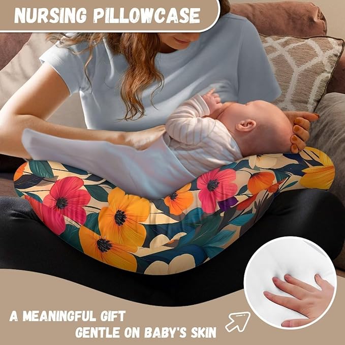 Colorful Flower Nursing Pillow Case for Newborn Baby Boy and Girl, Wild Flowers Feeding Pillow Slipcover, Floral Field Washable & Breathable Nursing Pillow Cover