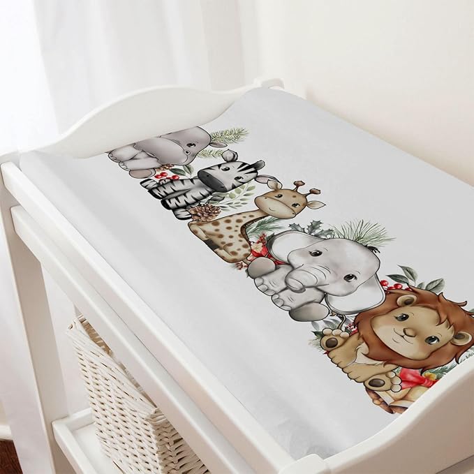 Cute Jungle Safari Animals Christmas Cheery Fir Leaves Changing Pad Covers Lion Elephant Giraffe Zebra Hippo Baby Change Table Pad Cover for Boy Girl Soft Stretchy Changing Mat Sheets 32''x16''