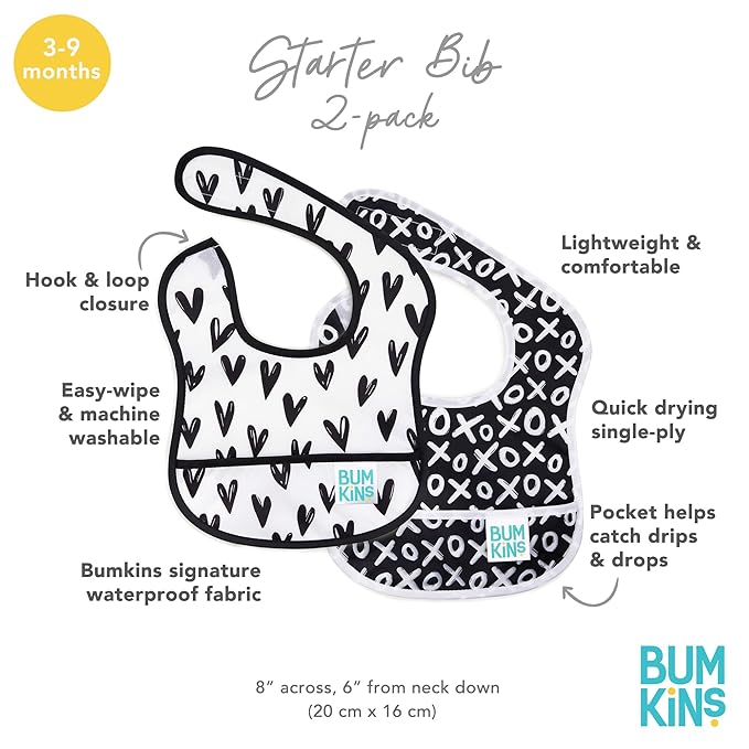 Bumkins Bibs, for Baby Girl or Boy, Infant 3-9 Months, Essential Must Have for Eating, Feeding, Baby Led Weaning, Mess Saving Waterproof Soft Fabric, Starter Bib 2-pk Hearts, XOXO Black and White