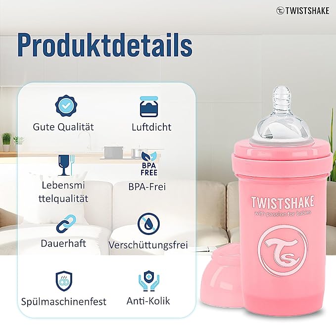 Twistshake Anti-Colic Baby Bottle with Powder Container and Mixer - 180ml | Fast Flow Silicone Breast-Like Nipple | BPA- Free Baby Milk Bottle | Comfort Feeding Experience for Babies (Pastel Pink)