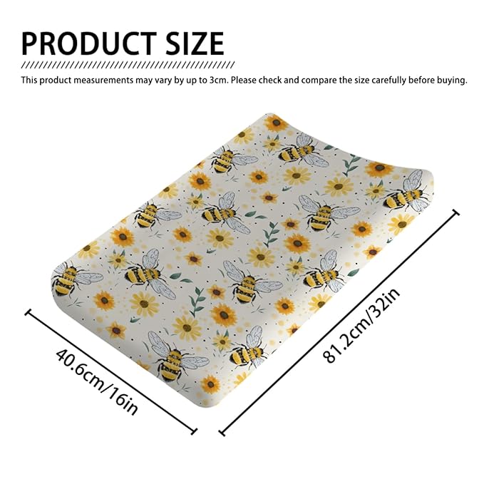 Watercolor Bees Boho Sunflowers Leaves Changing Pad Covers for Baby Toddler, 32''x16'' Bee Pattern Polyester Fitted Changing Pad Sheets