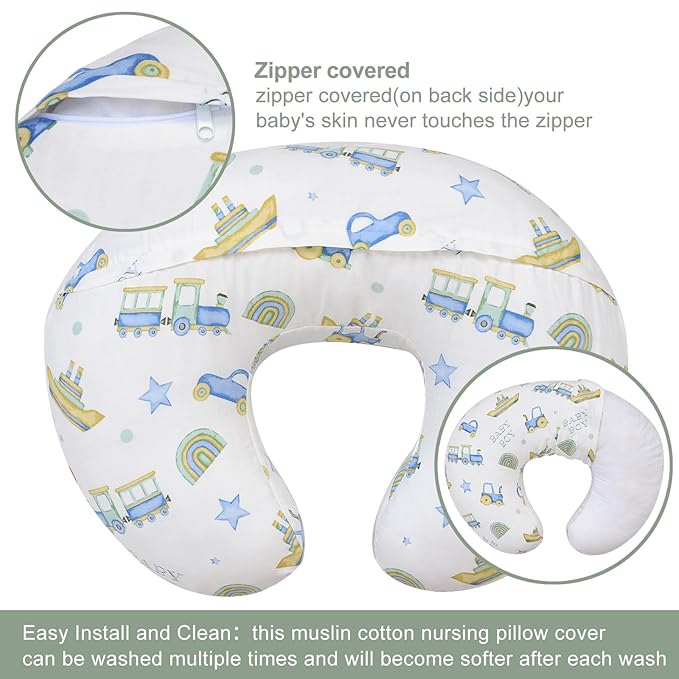 OWLOWLA Nursing Pillow Covers,Muslin Cotton Breastfeeding Pillow Covers for Nursing Pillow,Soft&Durable Nursing Cover Baby Boys Girls(Baby Boy&Dino)