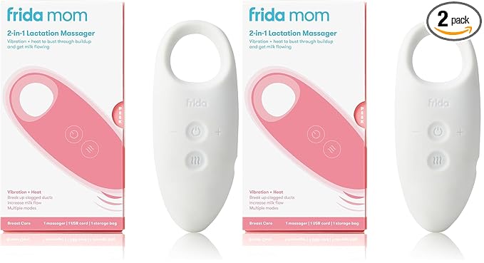Frida Mom 2-in-1 Lactation Massager, Multiple Modes of Heat + Vibration for Clogged Milk Ducts, Increase Milk Flow, Breast Engorgement - USB Cord Included, White (Pack of 2)