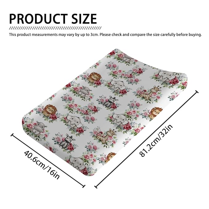 Baby Jungle Safari Animals Boho Floral Changing Pad Covers Elephant Giraffe Zebra Lion Hippo Roses Diaper Change Table Sheets for Girls Boys Soft Stretchy Snug Fitted Changing Mats Cover 32''x16''