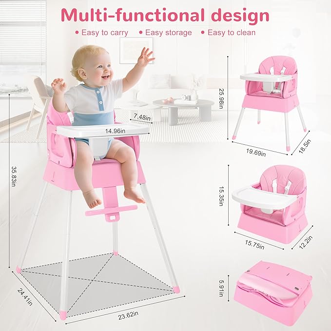 BOSEDSANG 4-in-1 Baby High Chair, Convertible Highchair for Babies and Toddlers, Portable High Chair with Foldable Design, Booster Seat for Kitchen, Dining & Outdoor Use, Easy to Clean & Storage(Pink)