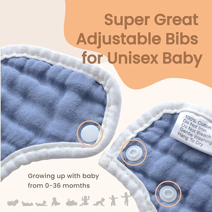 MUKIN Soft Cotton Muslin Baby Bibs 6 Pack | Adjustable Snap Closure for Newborns| Absorbent for Drooling, Teething & Feeding