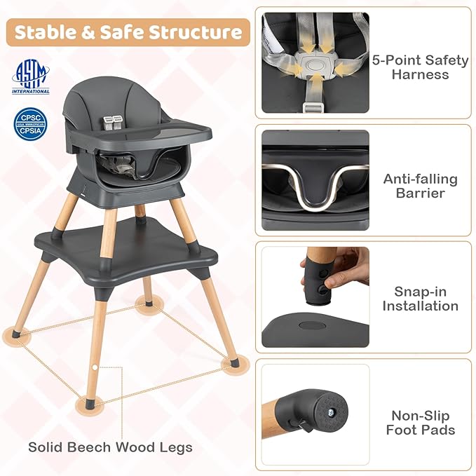 BABY JOY High Chair, 9-in-1 Convertible Highchairs for Babies and Toddlers, Booster Seat | Table & Chair Set | Stool, Adjustable Legs, Removable Tray, Safety Harness & PU Cushion (Dark Gray)