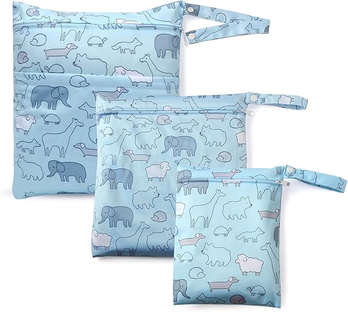 3 PCS Waterproof Wet Dry Bags, Reusable Wet Bags for Baby Diaper Swimsuit Breast Pump Parts, 3 Sizes Wet Clothes Bag with 2 Zippered Pockets, Leakproof Wetbags for Travel Pool Beach Essentials