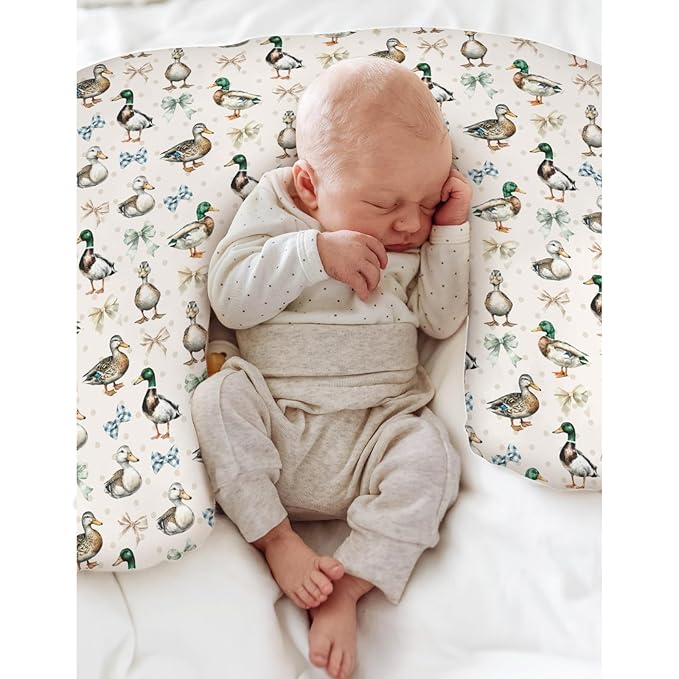 Vintage Duck Bows Floral Baby Nursing Pillow Covers for Boy Girl Green Mallard Ducks Nursing Slipcovers for Breastfeeding Pillows Hunting Duck Bird Soft Stretchy Removable Covers for Newborn Infant