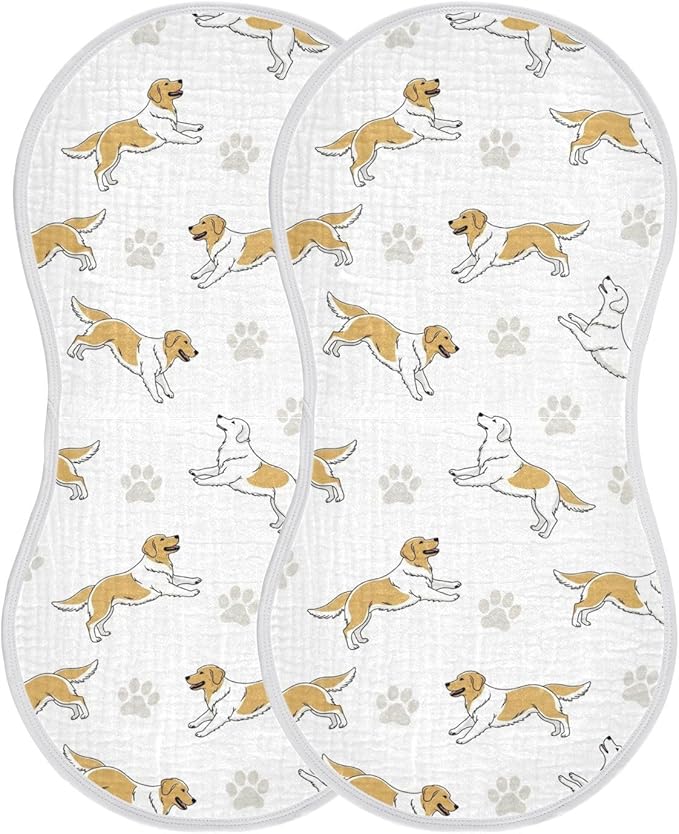2 Pack Muslin Burp Cloths Golden Dogs Paw Prints White Cotton Baby Burp Cloths Ultra Absorbent Soft Thick Burping Cloth for Baby Boys Girls 22x11 Inch