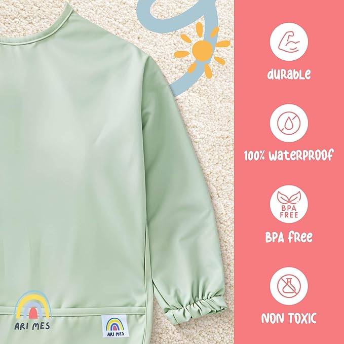 ARI MES Waterproof Long Sleeve Baby Bib for Eating-Kitty Cats Pattern, Large-Toddler Smock with Catch-All Pocket, BPA Free, Machine Washable, Wearable Feeding Bib for Boys & Girls 6-72 Months