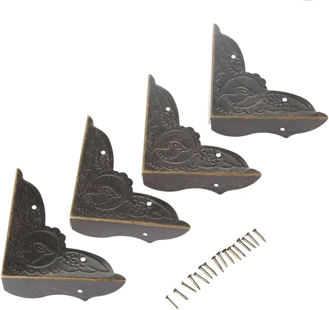 dophee 4 Pack Vintage Corner Protectors, 2.05''x2.05''x0.59'' Antique Bronze Decorative Edge Corner Protectors, Three-Sided Metal Edge Cover with Mounting Nails for Table Jewelry Wooden Box