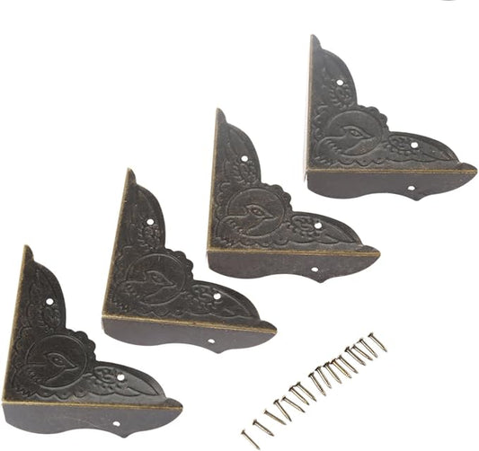 dophee 4 Pack Vintage Corner Protectors, 2.05''x2.05''x0.59'' Antique Bronze Decorative Edge Corner Protectors, Three-Sided Metal Edge Cover with Mounting Nails for Table Jewelry Wooden Box