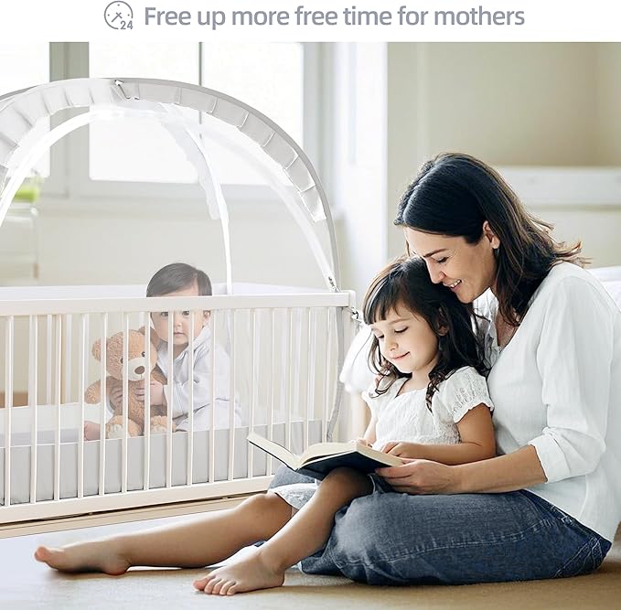 Lazyzzzz Crib Tent - Pop Up Crib Canopy with Double Zipper Self-Locked,1200 Holes/Inch Mesh Crib Net to Keep from Climbing Out, Portable Easy Install Mosquito Net 55" L x 27" W x 51" H White