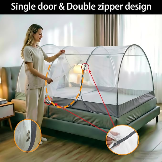 CMINGJ Portable Mosquito Net, Foldable Pop-Up Travel Bed Net, Free Installation Mosquito Tent, for Adults Bedroom Camping Nap Patio L78 x W39 x H35 inch (Single Door with Netting Bottom & Gray Edge)