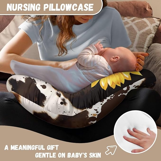 Brown Cow Sunflowers Breast Feeding Pillow Covers for Baby Boys Girls Soft Machine Washable Newborn Nursing Pillow Case Slipcover with Hidden Zipper, Easy to Use