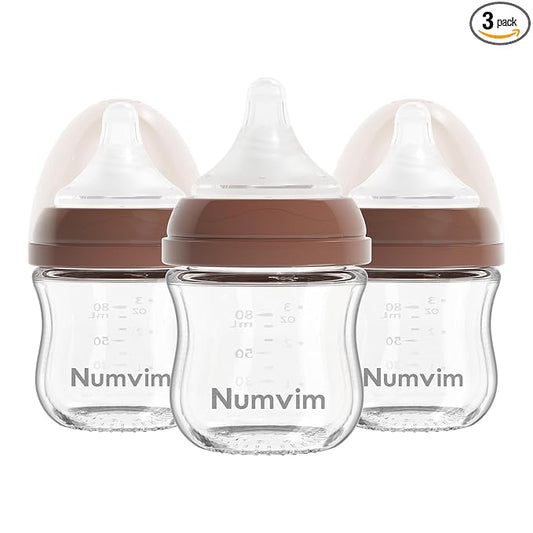 Natural Glass Baby Bottles Gentle & Extra Slow Flow, Newborn Breastfeeding Bottle with Anti Colic Nipple for 0 Months Babies, 3 Packs (Brown (3 Ounce), 1 Count (Pack of 3))