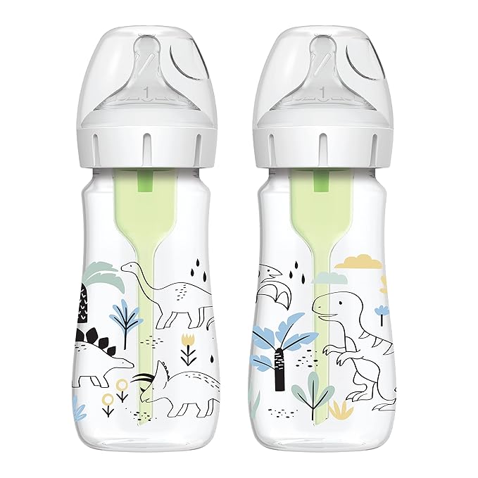 Dr. Brown's Anti-Colic Options+ Wide-Neck 9oz & Narrow 8oz Baby Bottles, Dino Decos & Squirrel & Goat, Level 1 Nipples, 0m+, 2-Packs