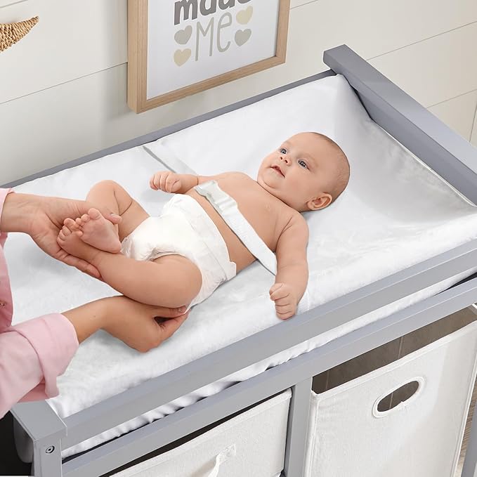 Badger Basket Waterproof Contoured Changing Table Pad for Babies – Non-Slip Base, Safety Strap, Removable Cover – White