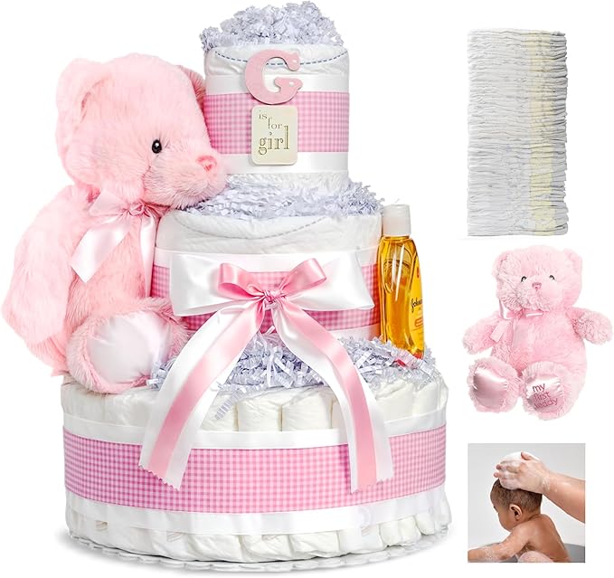Lil' Baby Cakes Baby Girl Diaper Cake with Pink Plush Teddy Bear for Baby Showers or Newborn Gift - Pink and White Colors - Handmade Gift Using 42 Swaddler 1 Diapers - Size 10 in x 12 in