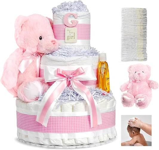 Lil' Baby Cakes Baby Girl Diaper Cake with Pink Plush Teddy Bear for Baby Showers or Newborn Gift - Pink and White Colors - Handmade Gift Using 42 Swaddler 1 Diapers - Size 10 in x 12 in