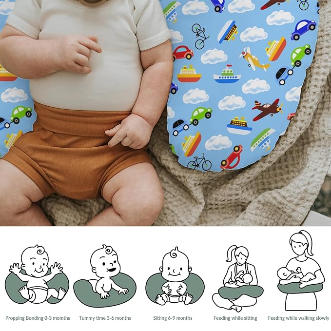 Planes Automobiles Transport Baby Nursing Pillow Covers for Boy Girl Airplanes Boats Bike Car Clouds Blue Nursing Slipcovers for Breastfeeding Pillows Travel Soft Stretchy Cover for Newborn Infant