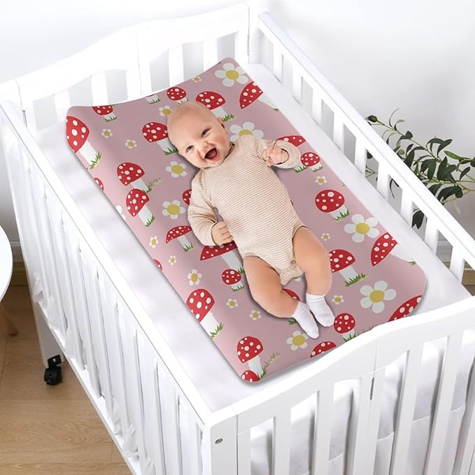 Mushroom Changing Pad Cover Waterproof Stretchy Baby Changing Table Cover Comfy Cozy Universal Tray Table Mat Fit 32"x16" Contoured Pad