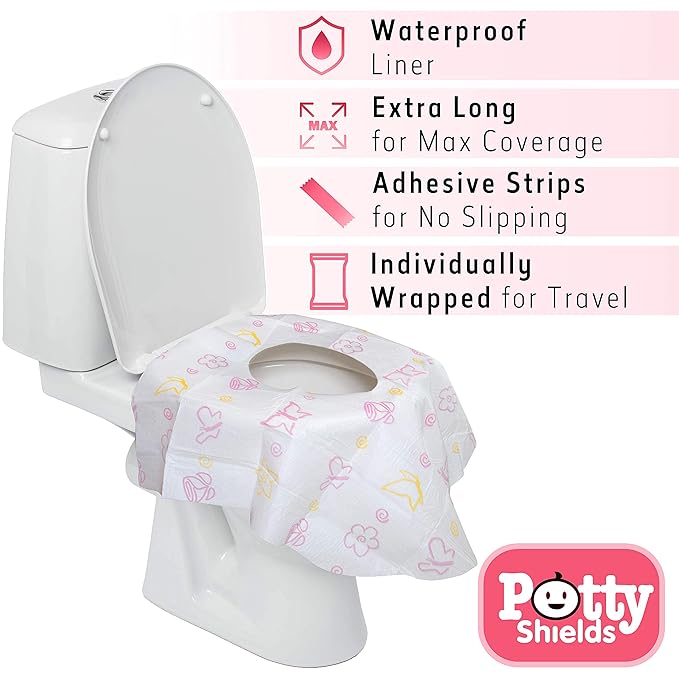 Potty Shields Toilet Seat Covers Disposable (6 Pack, Floral) - XL Waterproof Toilet Cover for Toddlers, Kids & Adults - Portable & Individually Wrapped for Travel, Potty Training & Public Restrooms