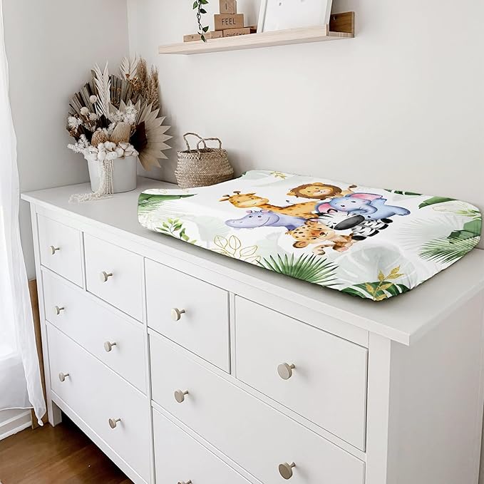 Jungle Safari Animals Tropical Leaves Flowers Changing Pad Cover Lion Elephant Zebra Giraffe Hippo Change Table Covers for Boys Girls Soft Stretchy Diaper Changing Mat Sheets Cover 32''x16''