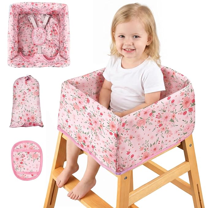 BEBOAN High Chair Cover for Restaurant, Portable Highchair Seat Covers with 3-Point Adjustable Safety Harness and Bag, for Eating/Travel/Home Use, Machine Washable, Fit Wooden Chairs (Pink Flower)
