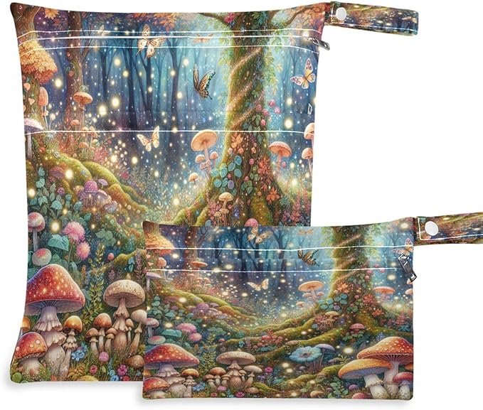 2 Pack Fairyland Forest Mushrooms Cloth Diaper Wet Dry Bags,Waterproof Reusable Wet Bag with Two Zipper Pockets& Handle,Washable for Swimming,Travel,Beach,Pool or Wet Clothes