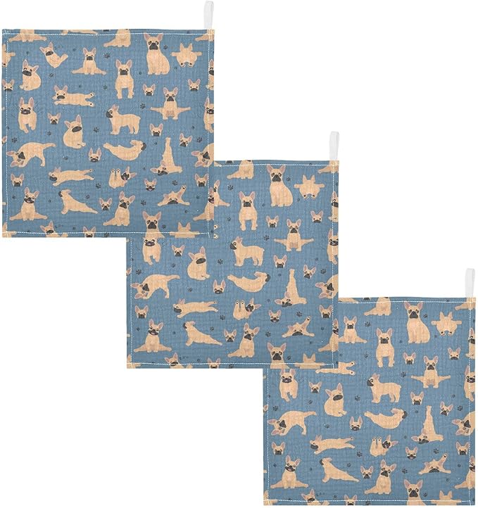 vvfelixl Baby Cotton Washcloths French Bulldog Pug Infants Bath Towel for Unisex Puppy Face Towels for Newborn, Natural Baby Wipes Delicate Skin, 11.8 X 11.8 inch, one sizex5