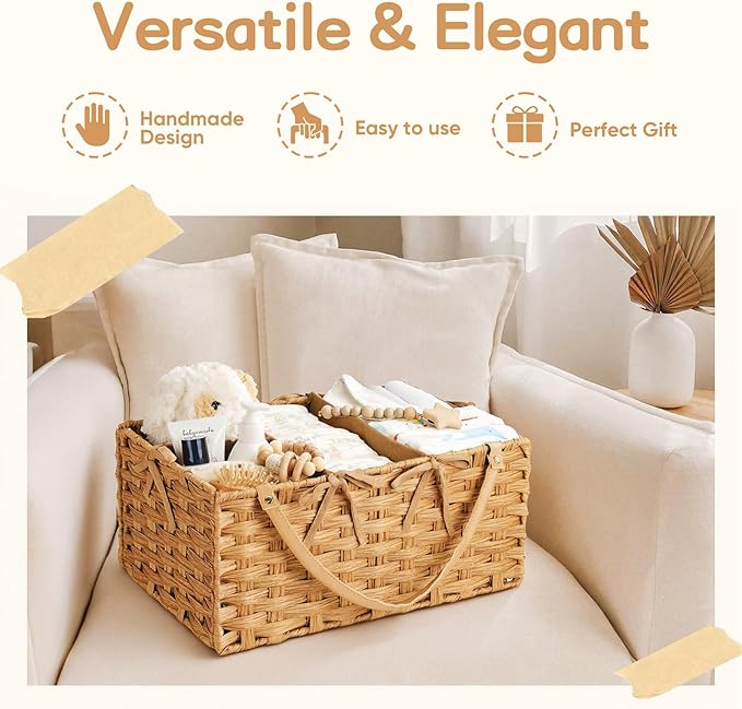 Diaper Caddy Organizer, Hand Rattan Nursery Storage Basket for Baby Essentials, Baby Changing Table Organizer Perfect Nursery Assistant, Easy Assemble (Natural, M)
