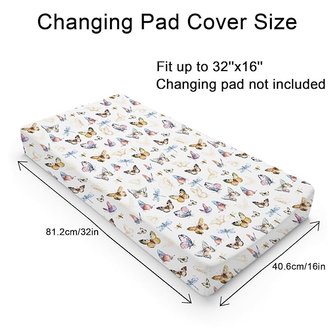 Boho Butterflies Changing Pad Cover, Soft & Breathable, 32''x16'', White, Polyester, Baby, Infant