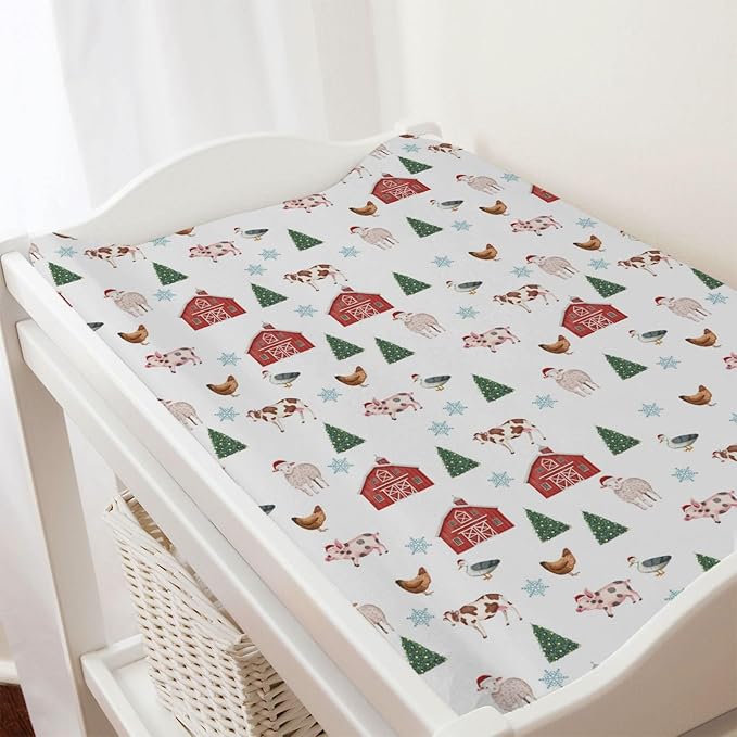 Watercolor Farm Animals Changing Pad Cover Retro Barn Chicken Pig Hen Duck Windmill Tractor Diaper Change Table Cover Sheets for Boys Girls Soft Stretchy Fitted Changing Mat Sheets 32''x16''