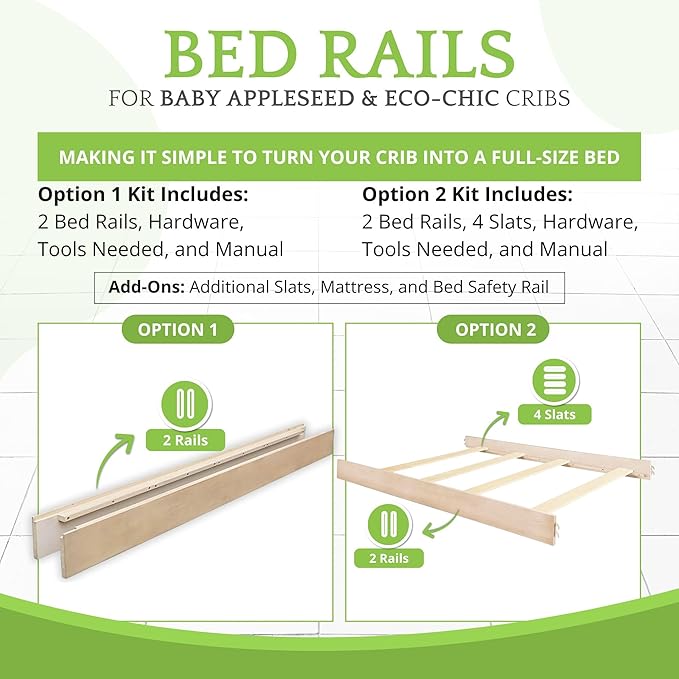 Full-Size Conversion Kit Bed Rails for Baby Appleseed and Eco-Chic Convertible Cribs - Solid Wood Rail - Toddler & Adult Bed Rail for Full-Size Beds - Nursery and Baby Furniture (Almond, Hook-On Kit)