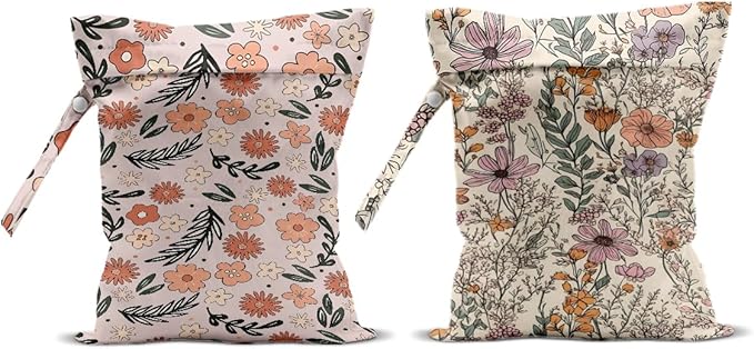 2Pcs Floral Print Wet Bags, Wet Dry Bag Reusable for Swimsuit, Travel, Diapers, Pool, Beach, Dirty Yoga Gym Clothes, Toiletries, Makeup Bag, Zipper Pouch Waterproof Birthday Christmas Gifts