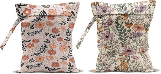 2Pcs Floral Print Wet Bags, Wet Dry Bag Reusable for Swimsuit, Travel, Diapers, Pool, Beach, Dirty Yoga Gym Clothes, Toiletries, Makeup Bag, Zipper Pouch Waterproof Birthday Christmas Gifts